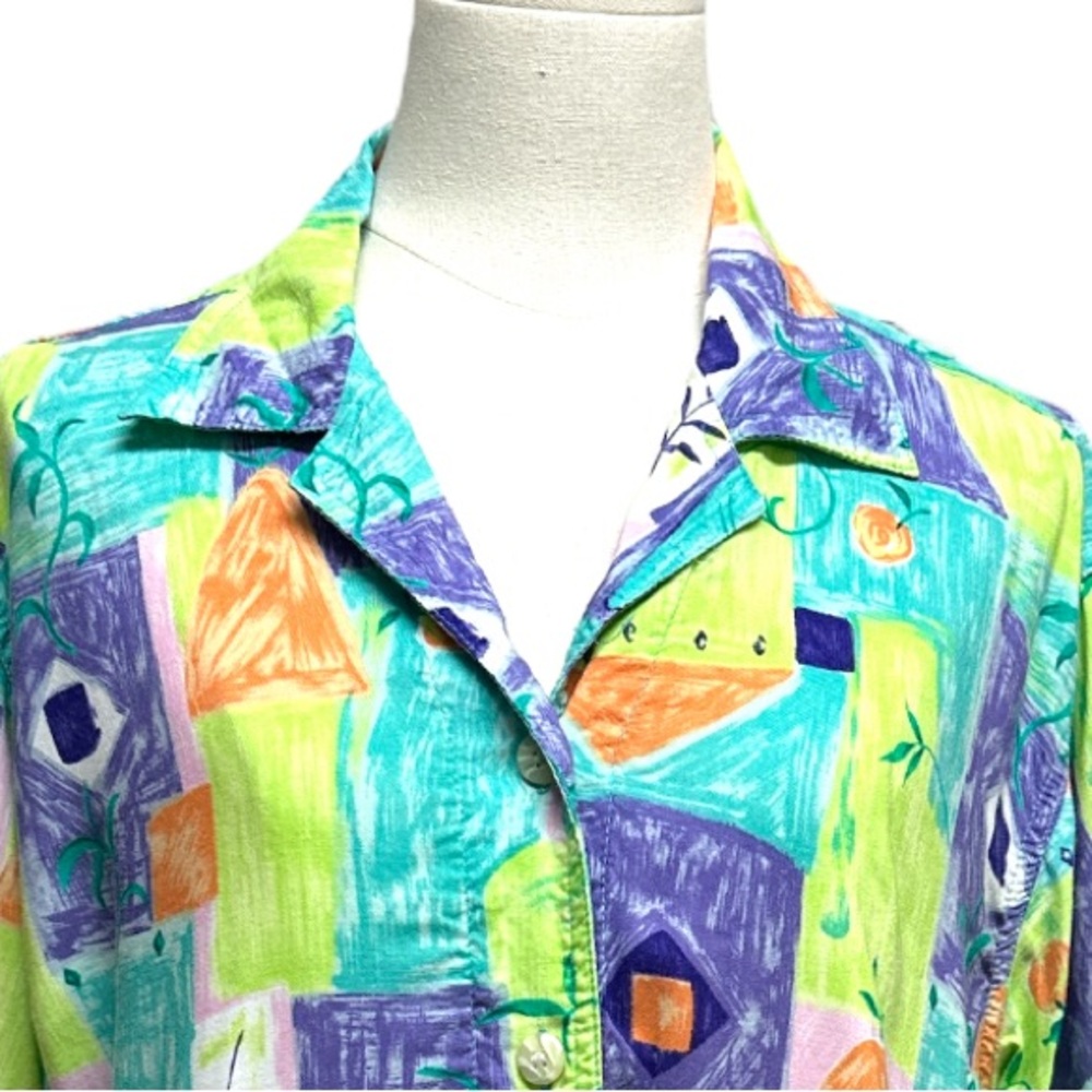 Weekend Clothes Line Retro 80’s Womens Shirt Sz L Green Blue Floral Print Rayon - Picture 3 of 9